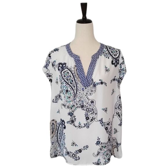 Liz Claiborne Blue Floral & Paisley Patterned V-neck Cap Sleeve Chiffon Blouse - Picture 1 of 9